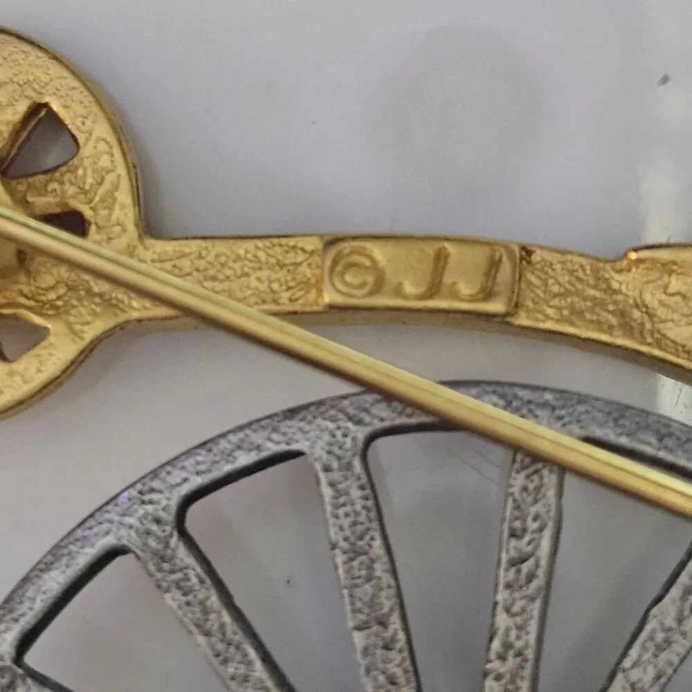 Vintage JJ Jonette Silver & Gold Tone Bicycle Spinning Wheel Articulated Pin